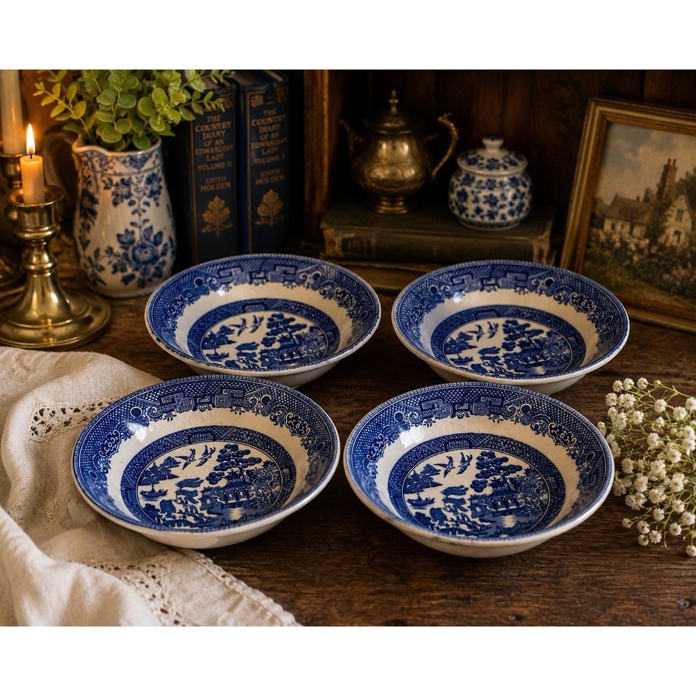 Johnson Bros Willow Blue 6" Berry Dessert Bowls England Set of 4 Vintage